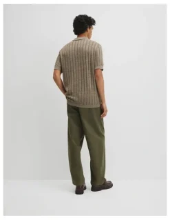 Country Road Linen Cotton Stripe Knit Polo in Dried Sage