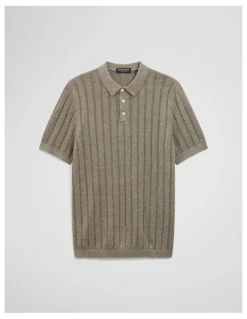 Country Road Linen Cotton Stripe Knit Polo in Dried Sage