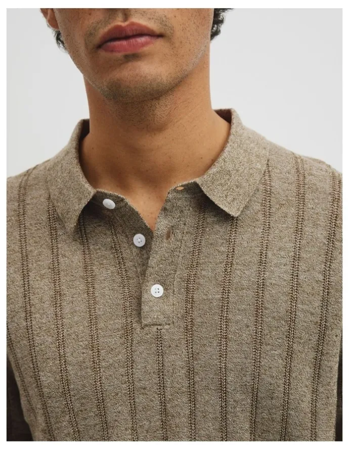 Country Road Linen Cotton Stripe Knit Polo in Dried Sage