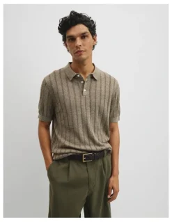 Country Road Linen Cotton Stripe Knit Polo in Dried Sage