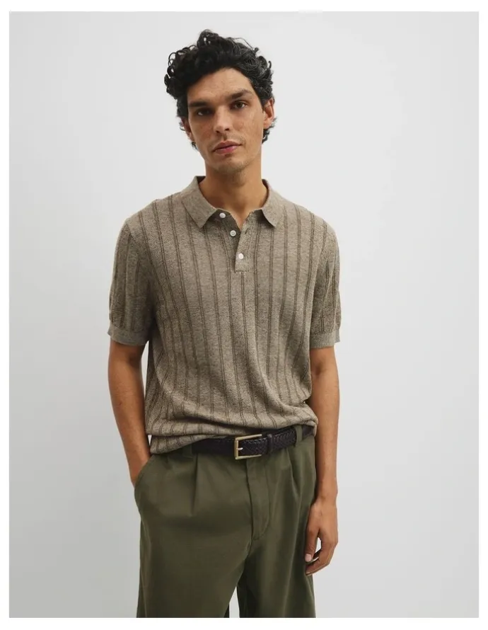 Country Road Linen Cotton Stripe Knit Polo in Dried Sage