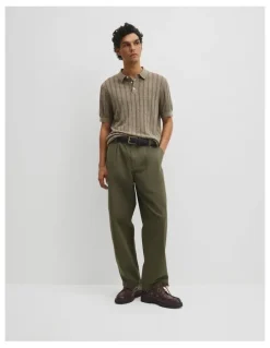 Country Road Linen Cotton Stripe Knit Polo in Dried Sage