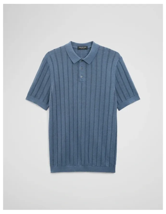 Country Road Linen Cotton Stripe Knit Polo in Steel