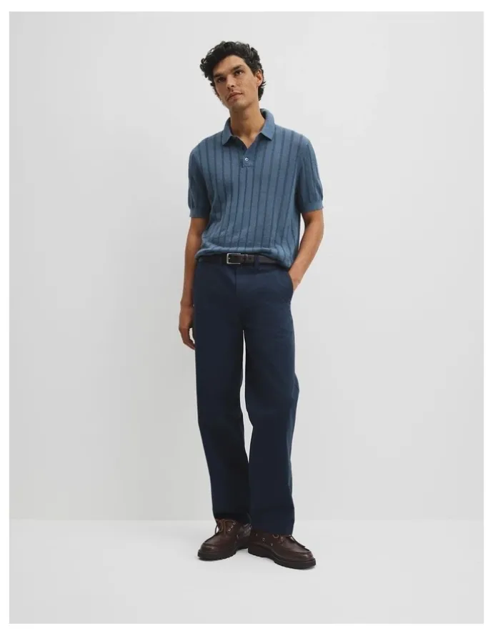 Country Road Linen Cotton Stripe Knit Polo in Steel