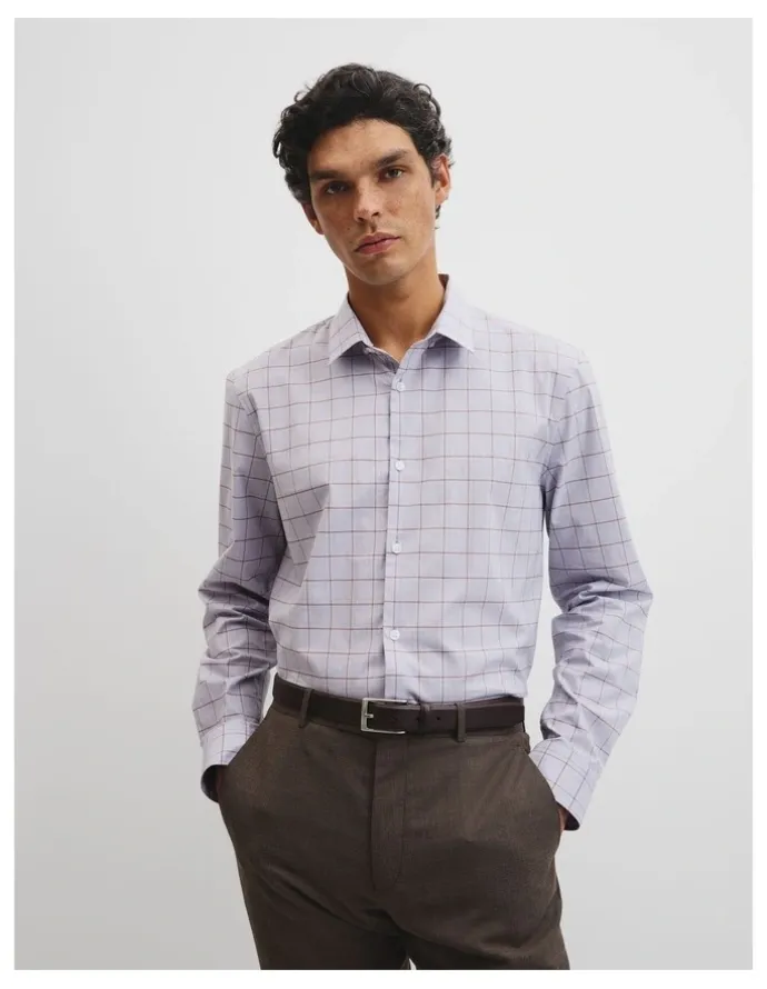 Country Road Long Sleeve Slim Cut & Sew Prince Of Wales Check Shirt in Grey Blue