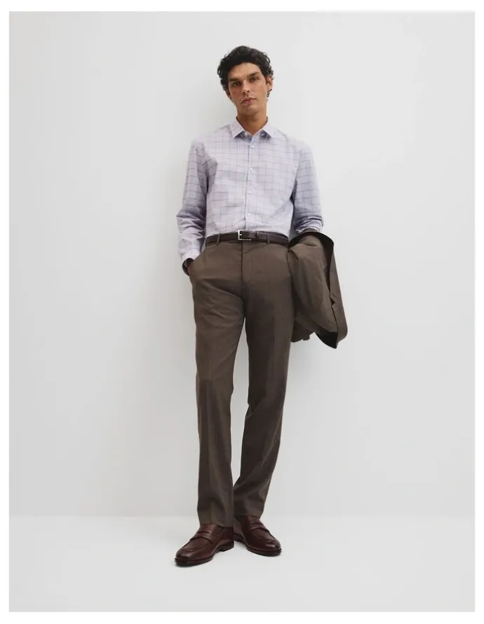 Country Road Long Sleeve Slim Cut & Sew Prince Of Wales Check Shirt in Grey Blue