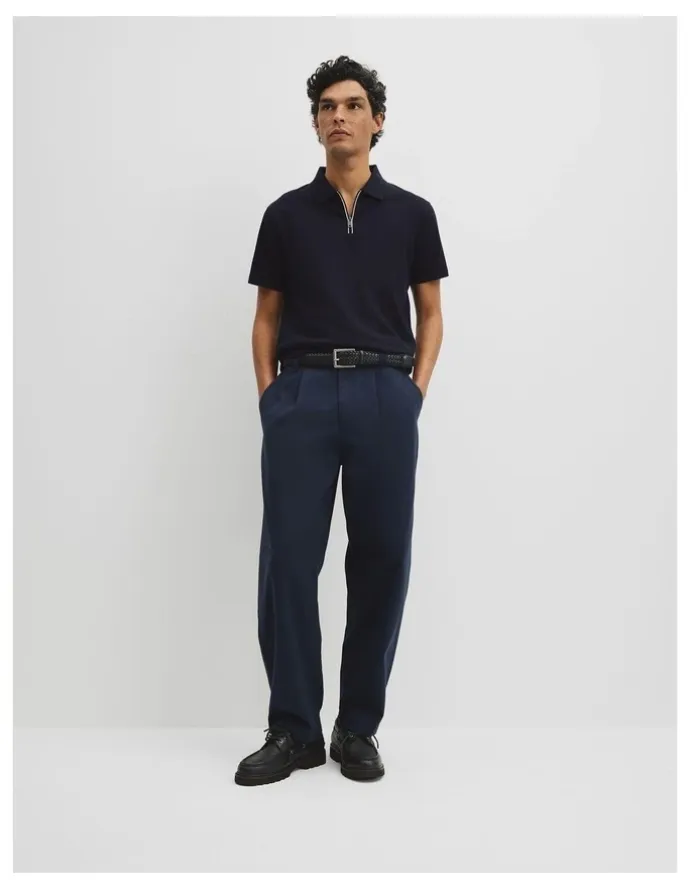 Country Road Merculalised Cotton Pique Zip Polo in Navy