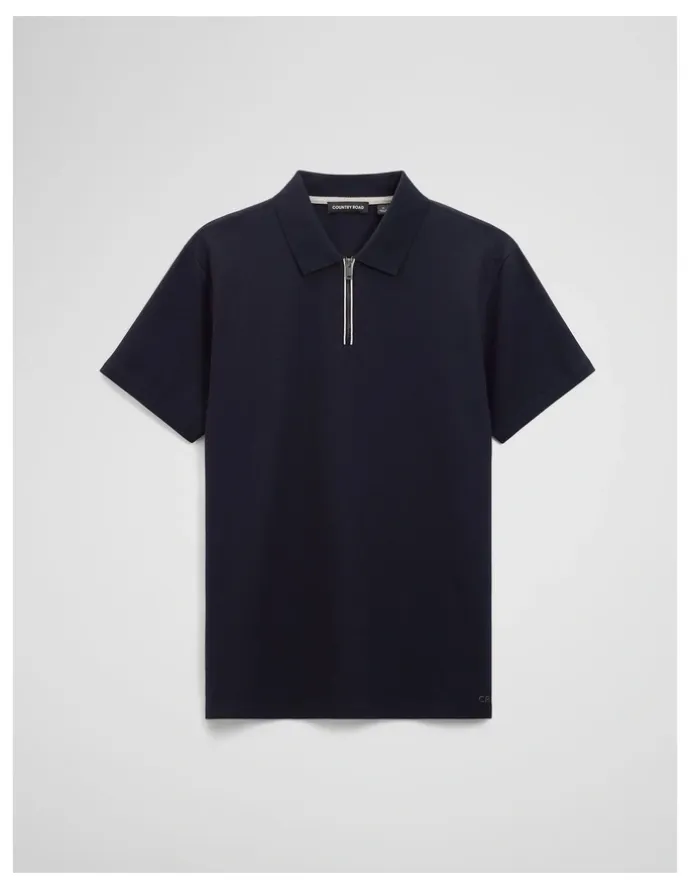 Country Road Merculalised Cotton Pique Zip Polo in Navy