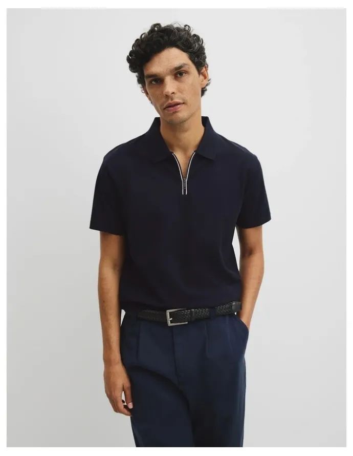 Country Road Merculalised Cotton Pique Zip Polo in Navy