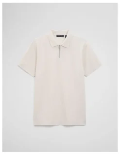 Country Road Merculalised Cotton Pique Zip Polo in Stone