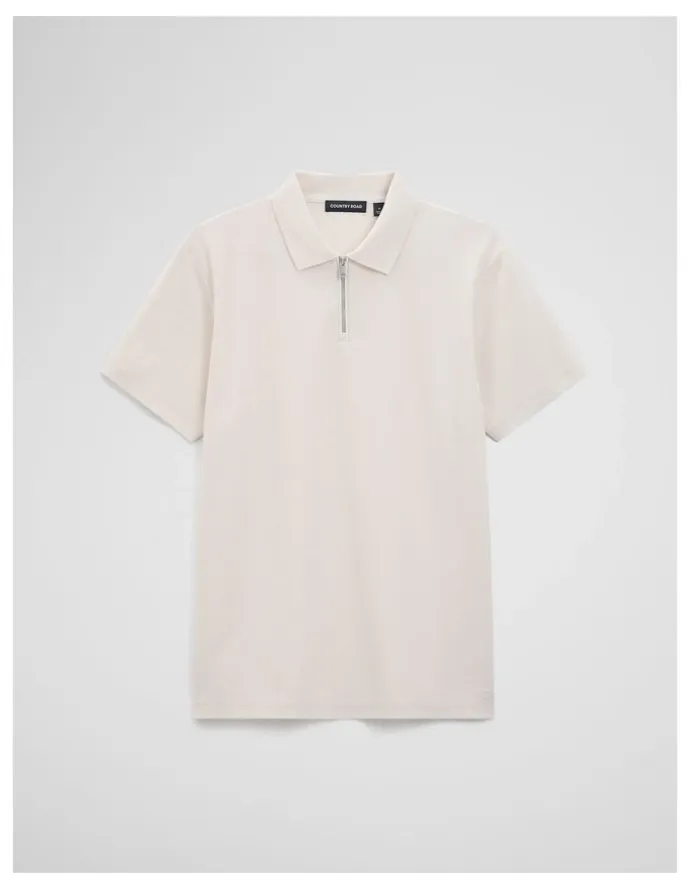 Country Road Merculalised Cotton Pique Zip Polo in Stone