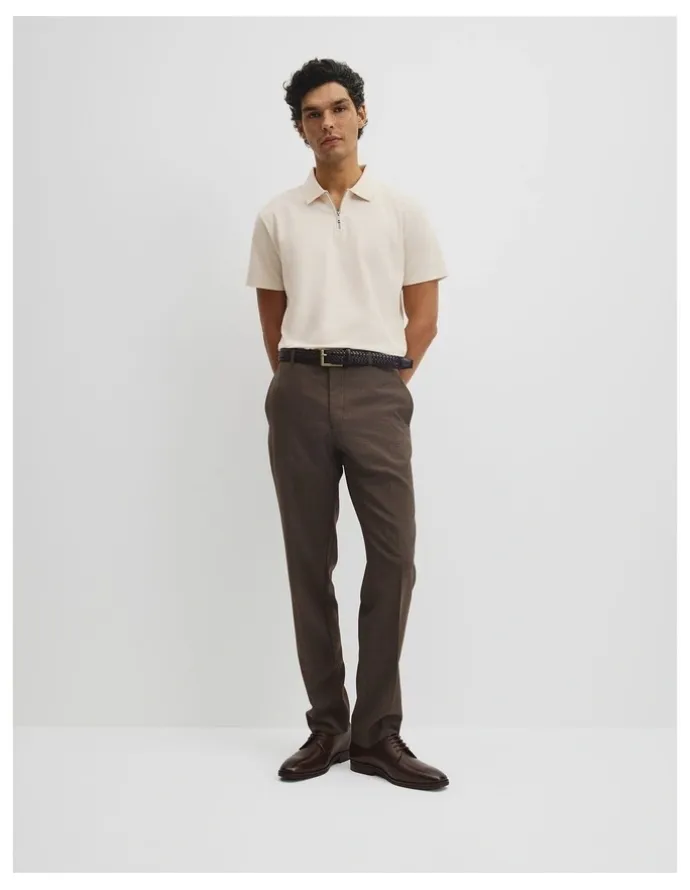 Country Road Merculalised Cotton Pique Zip Polo in Stone