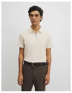 Country Road Merculalised Cotton Pique Zip Polo in Stone