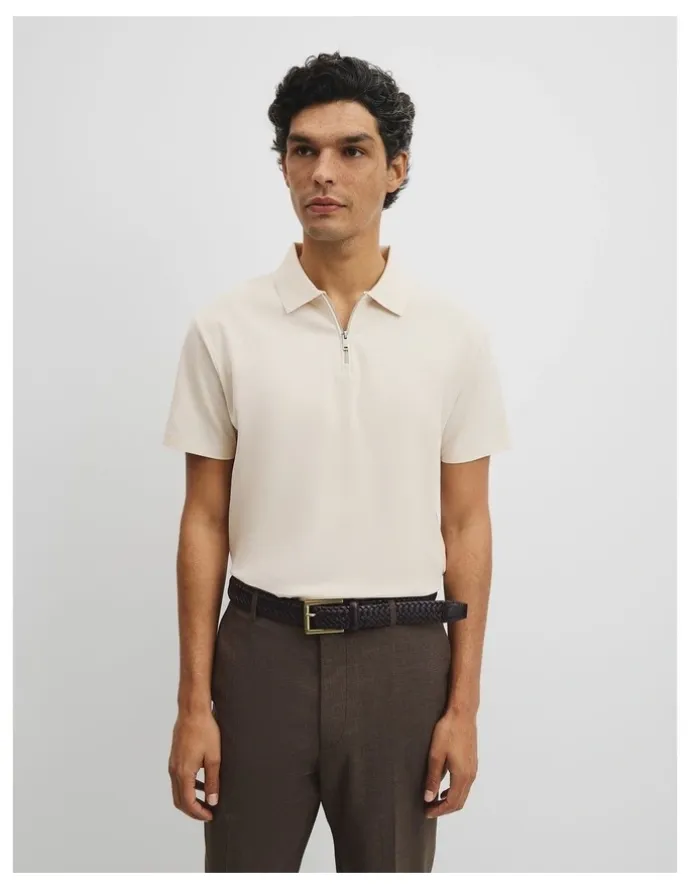 Country Road Merculalised Cotton Pique Zip Polo in Stone