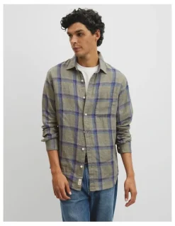 Country Road Regular Fit Linen Windowpane Check Shirt in Dried Sage