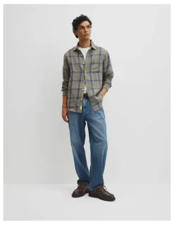 Country Road Regular Fit Linen Windowpane Check Shirt in Dried Sage