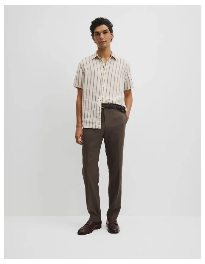 Country Road Short Sleeve Regular Fit Linen Stripe Shirt in Stone