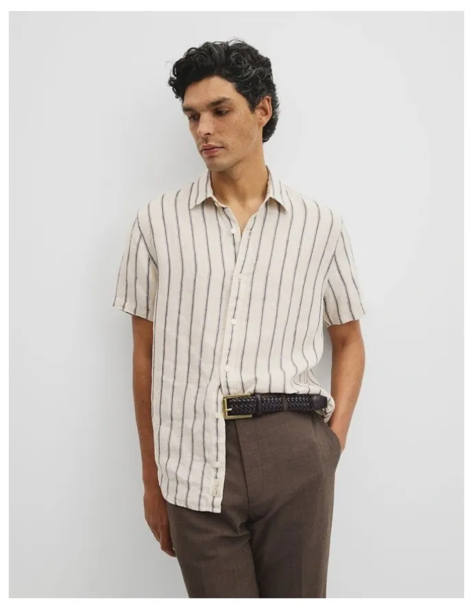 Country Road Short Sleeve Regular Fit Linen Stripe Shirt in Stone
