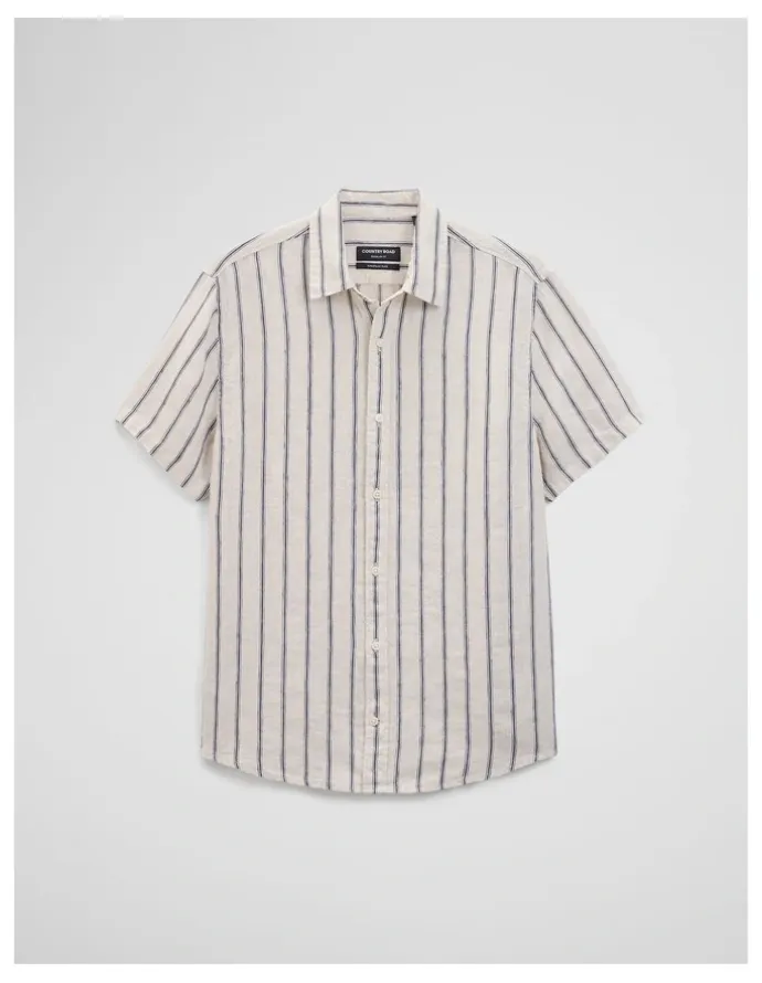 Country Road Short Sleeve Regular Fit Linen Stripe Shirt in Stone