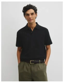 Country Road Short Sleeve Waffle Button Polo in Black