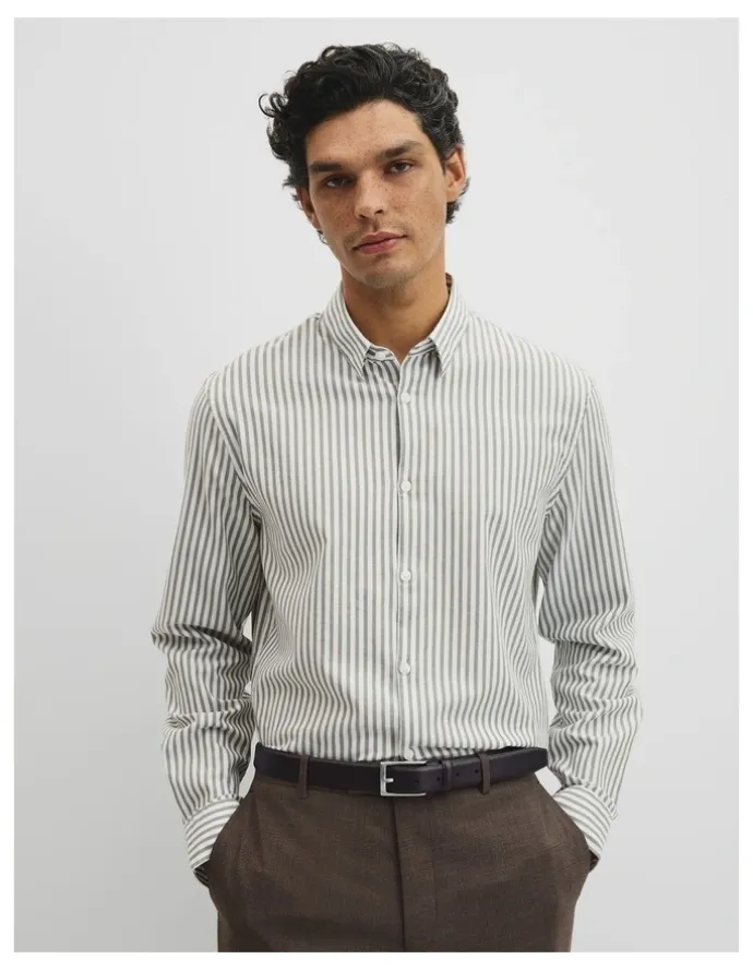 Country Road Slim Fit Cotton Stripe Shirt in Deep Khaki