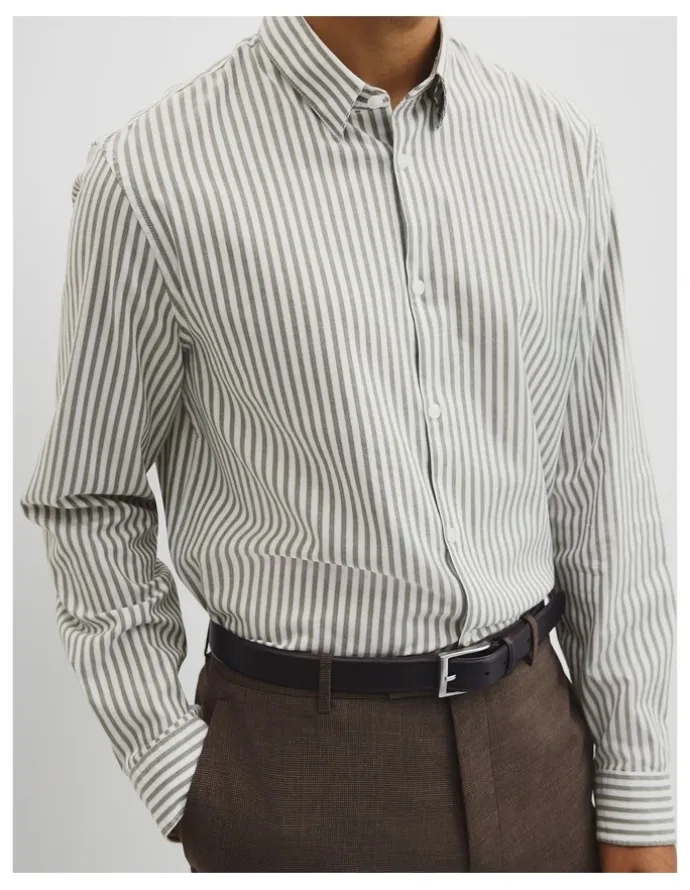 Country Road Slim Fit Cotton Stripe Shirt in Deep Khaki
