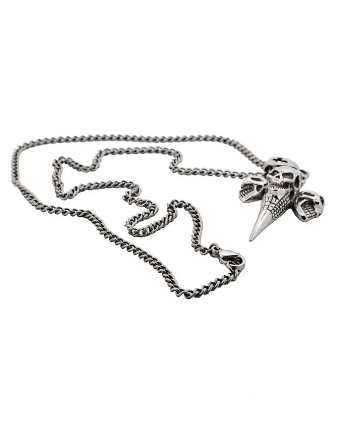 Cudworth Alloy And Triple Skull Cross Pendant On Chain in Silver