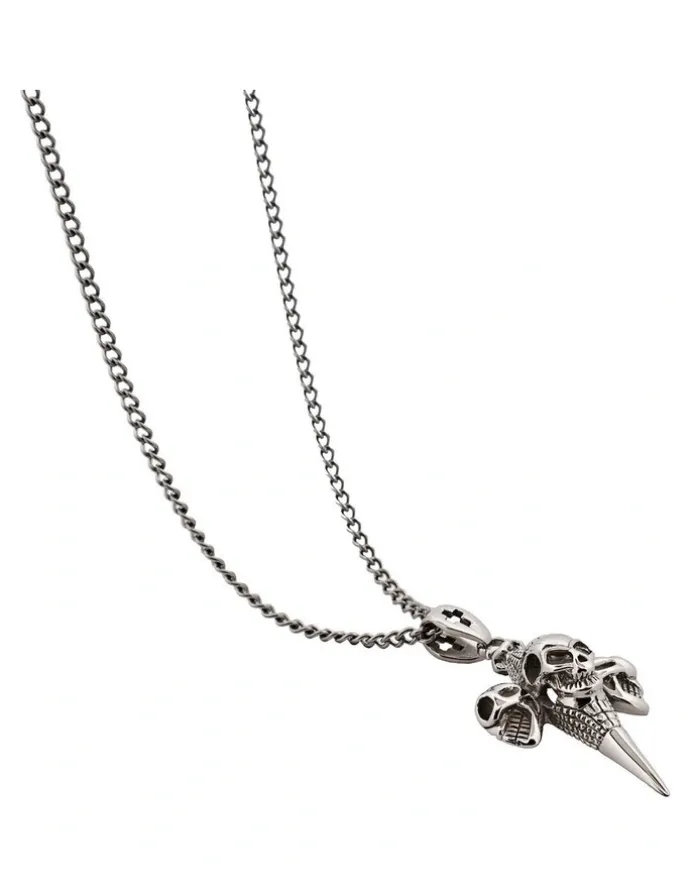 Cudworth Alloy And Triple Skull Cross Pendant On Chain in Silver