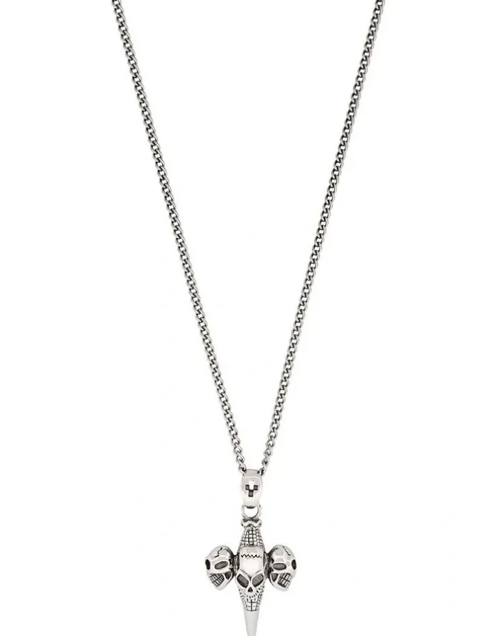 Cudworth Alloy And Triple Skull Cross Pendant On Chain in Silver