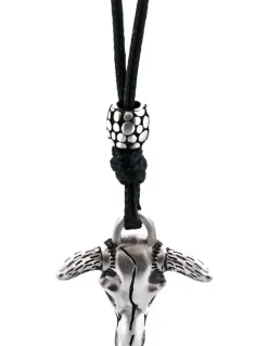 Cudworth Antique Stainless Steel Cow Skull And Adjustable Wax Leather Pendant in Silver
