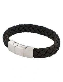Cudworth Braided Suede Italian Leather & Brushed Stainless Steel Bracelet in Black