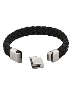 Cudworth Braided Suede Italian Leather & Brushed Stainless Steel Bracelet in Black