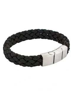 Cudworth Braided Suede Italian Leather & Brushed Stainless Steel Bracelet in Black