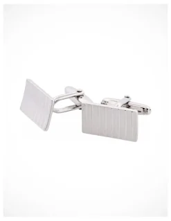 Cudworth Brushed Rhodium Plated Diamond Cut Striped Rectangle Cufflinks in Silver
