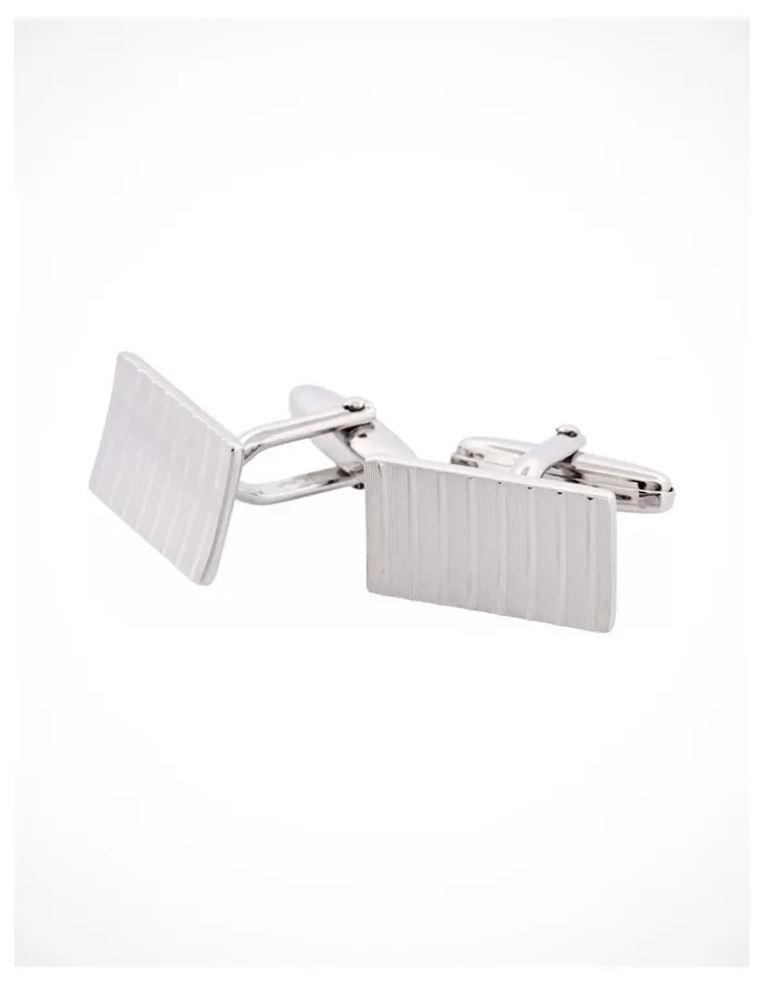 Cudworth Brushed Rhodium Plated Diamond Cut Striped Rectangle Cufflinks in Silver
