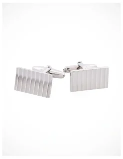 Cudworth Brushed Rhodium Plated Diamond Cut Striped Rectangle Cufflinks in Silver