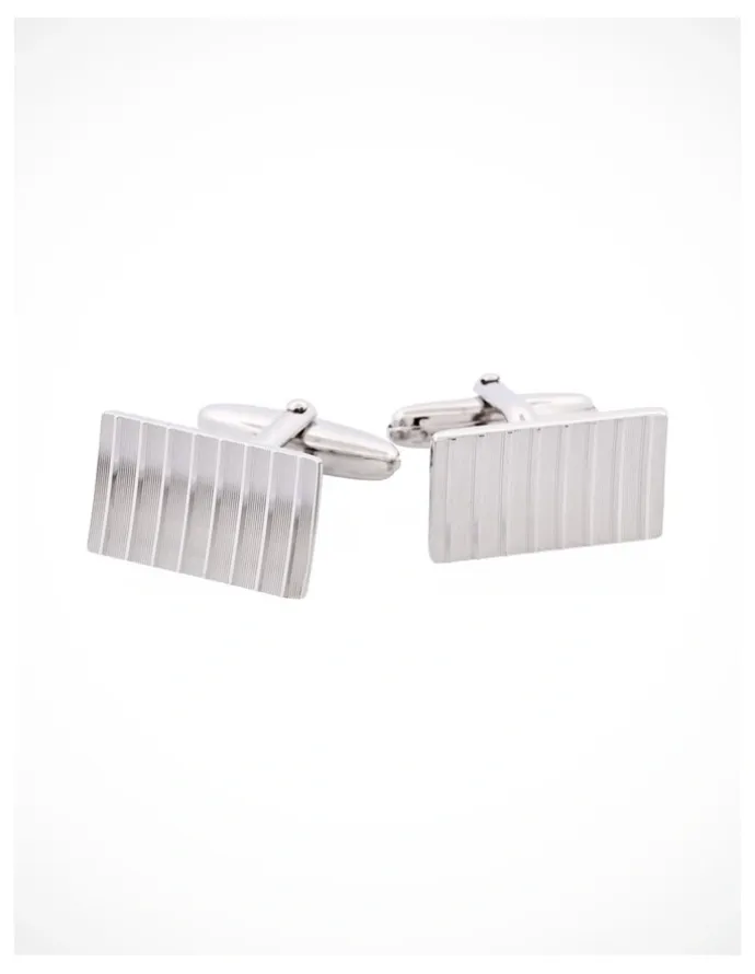 Cudworth Brushed Rhodium Plated Diamond Cut Striped Rectangle Cufflinks in Silver