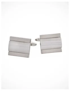 Cudworth Brushed Rhodium Cats Eye Inlay Cufflinks in White
