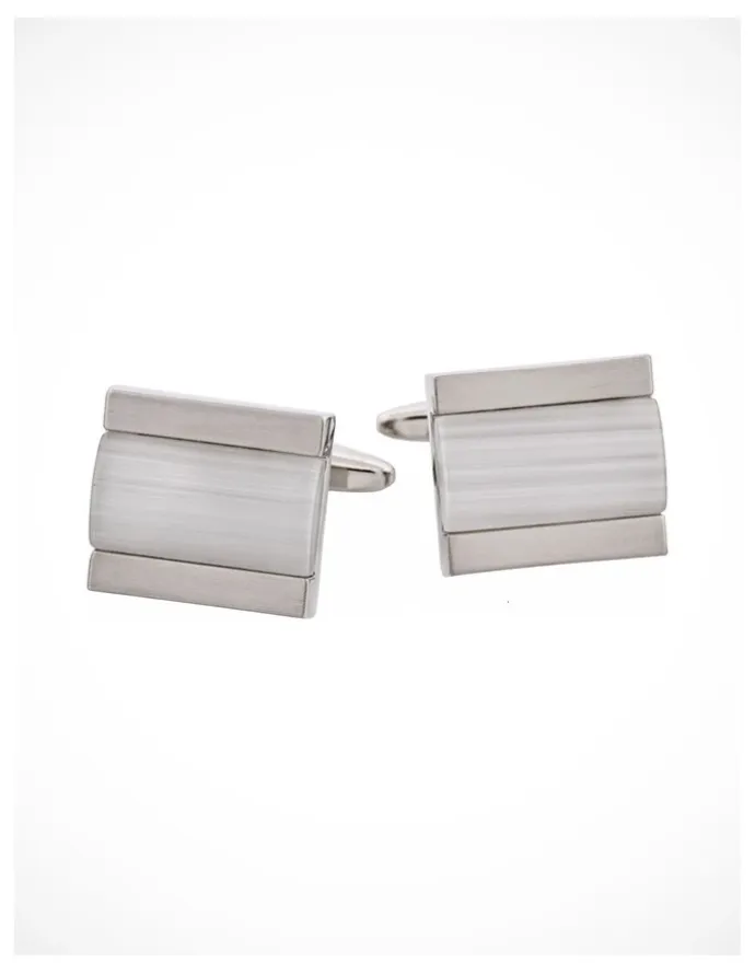 Cudworth Brushed Rhodium Cats Eye Inlay Cufflinks in White