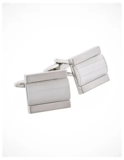 Cudworth Brushed Rhodium Cats Eye Inlay Cufflinks in White