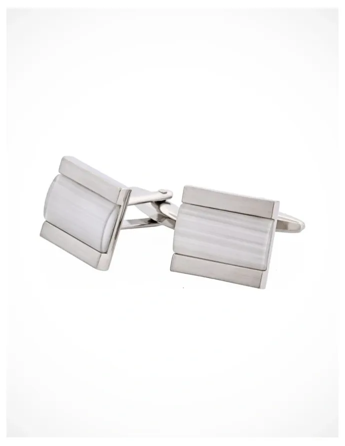 Cudworth Brushed Rhodium Cats Eye Inlay Cufflinks in White
