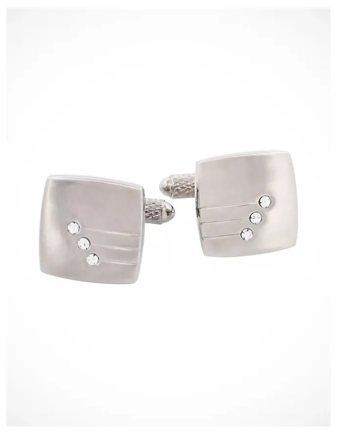 Cudworth Brushed Rhodium Plated & Triple Crystal Cufflinks in Silver