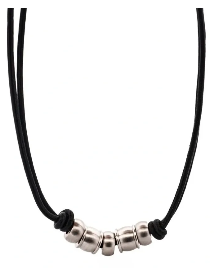 Cudworth Brushed Stainless Steel Bead Pendant on Leather Chain in Silver