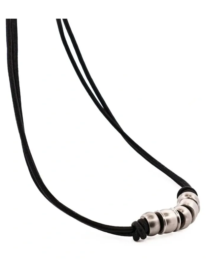 Cudworth Brushed Stainless Steel Bead Pendant on Leather Chain in Silver