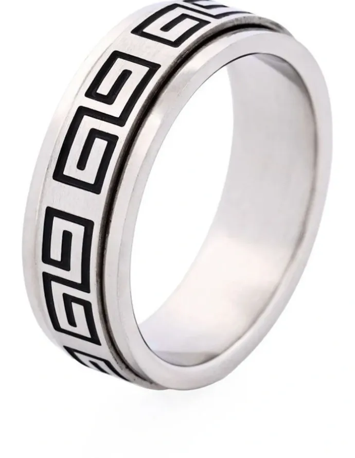 Cudworth Brushed Stainless Steel Ring with Black Enamel Greek Key Pattern in Black
