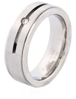 Cudworth Brushed Stainless Steel and Single Cubic Zirconia Ring in Silver
