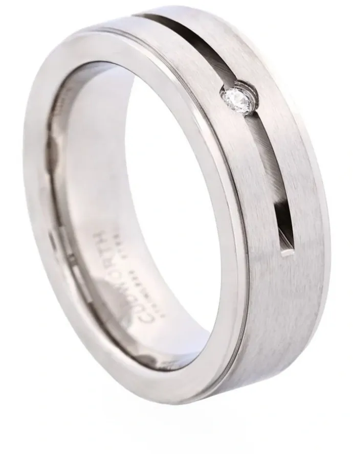 Cudworth Brushed Stainless Steel and Single Cubic Zirconia Ring in Silver