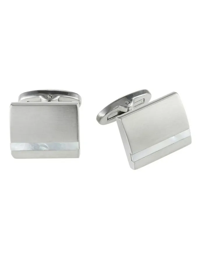 Cudworth Brushed Stainless Steel Curved Face & Mother Of Pearl Cufflinks in Silver