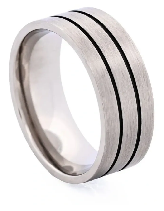 Cudworth Brushed Stainless Steel Ring with Double Enamel Stripes in Black