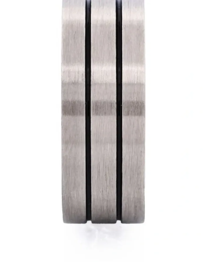 Cudworth Brushed Stainless Steel Ring with Double Enamel Stripes in Black